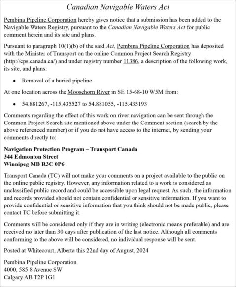 Pembina Pipeline Corporation_PE23248 TC Public Notice_Notification of works on a non-scheduled waterway